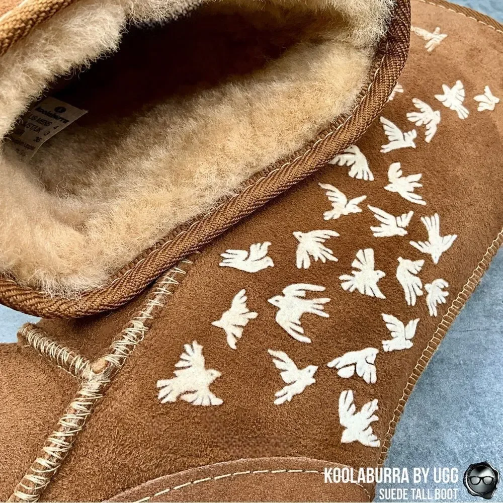 UGG KOOLABURRA PEACE TALL BOOTS CHESTNUT SUEDE SHEEPSKIN FLYING BIRDS DOVE FLOCK